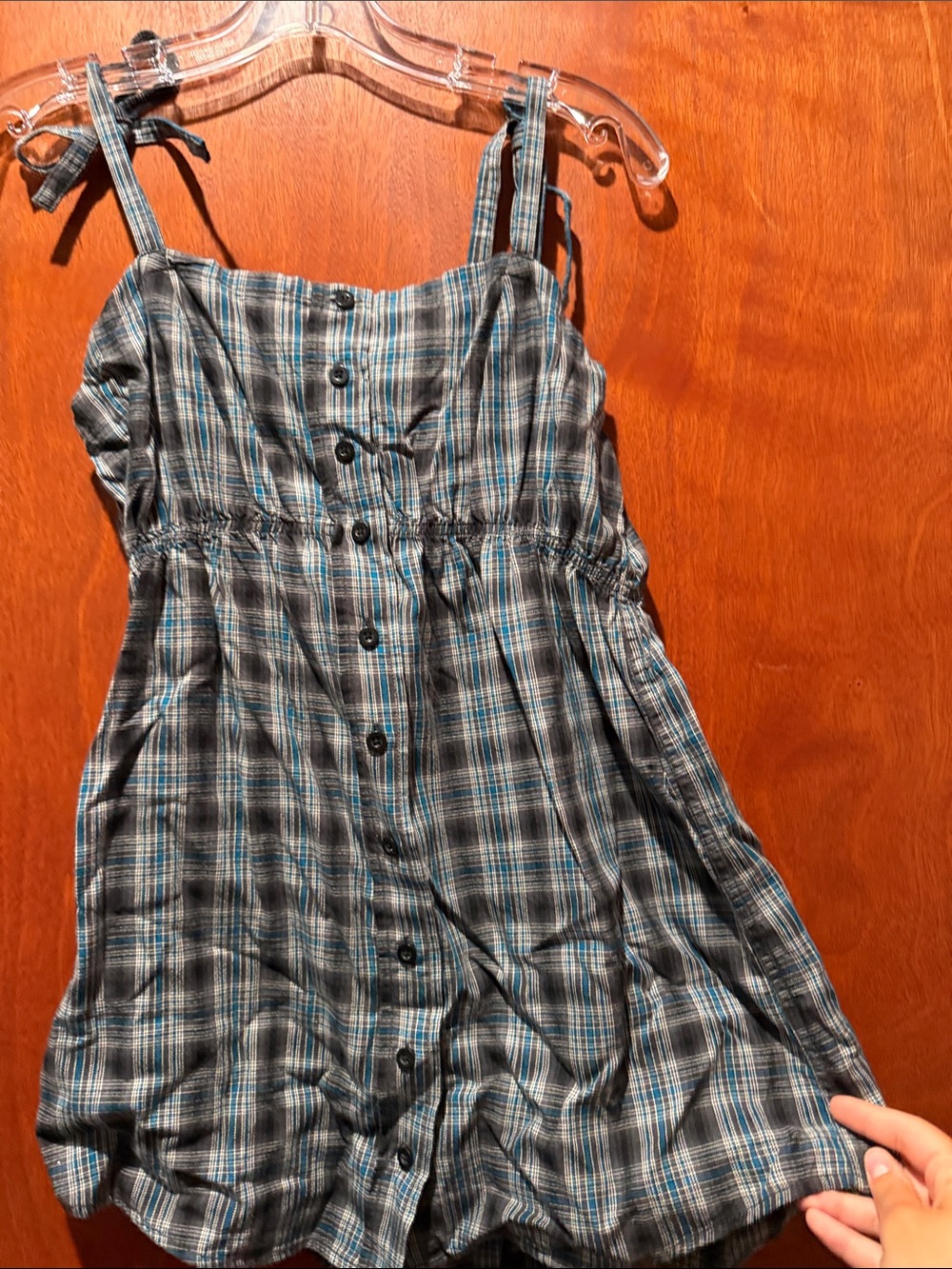 Plaid Button-Front top with Tie Straps - Blue & Gray